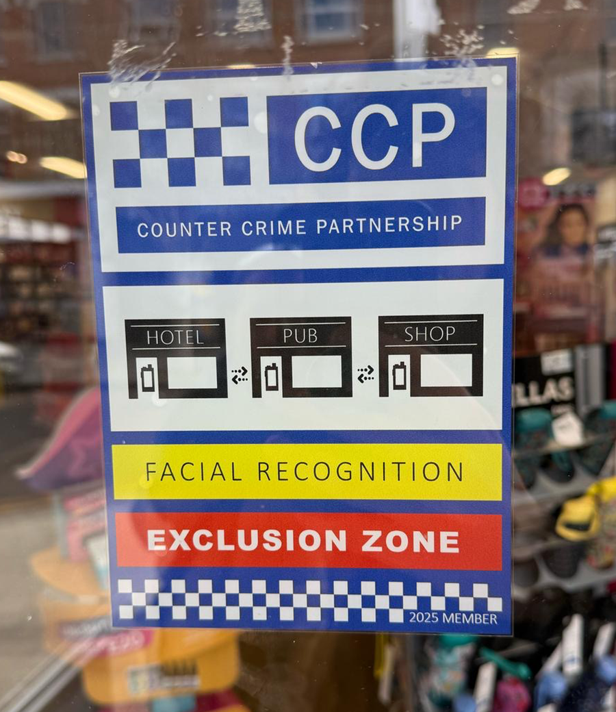 A Counter Crime Partnership warning notice in shop window