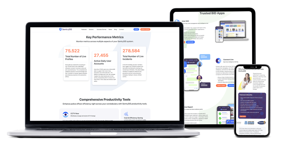 The new SentrySIS website across desktop, tablet and mobile devices